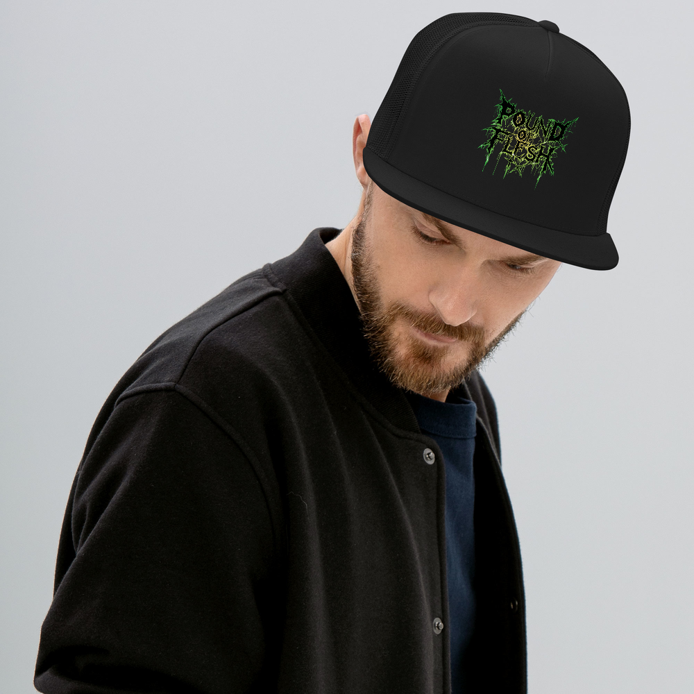 Black Trucker Ball Cap with Pound of Flesh TX Green Logo